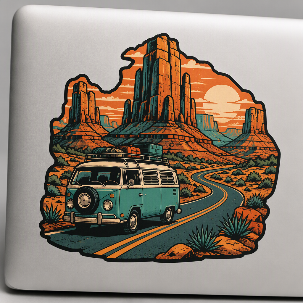 A generic camper van travels past tall New Mexico mesas beneath a copper-colored sky in this compact vintage-style road trip design.