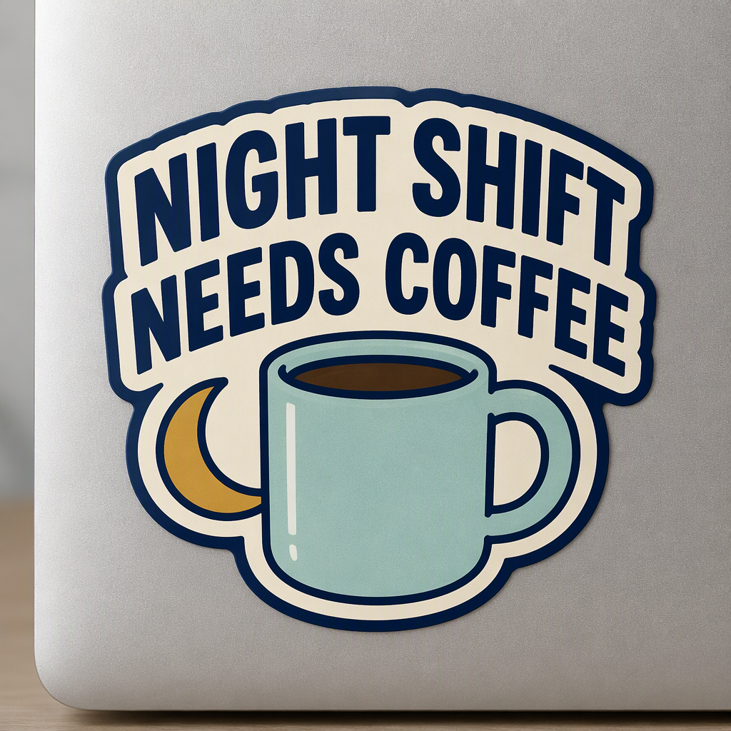 “NIGHT SHIFT NEEDS COFFEE” stands boldly above a plain mug and small crescent moon, creating a humorous, relatable design for anyone powering through overnight hours.