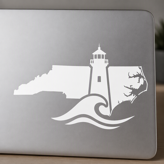 A clean white North Carolina mainland contour frames a broad coastal wave and lighthouse for a simple, artistic nautical statement.