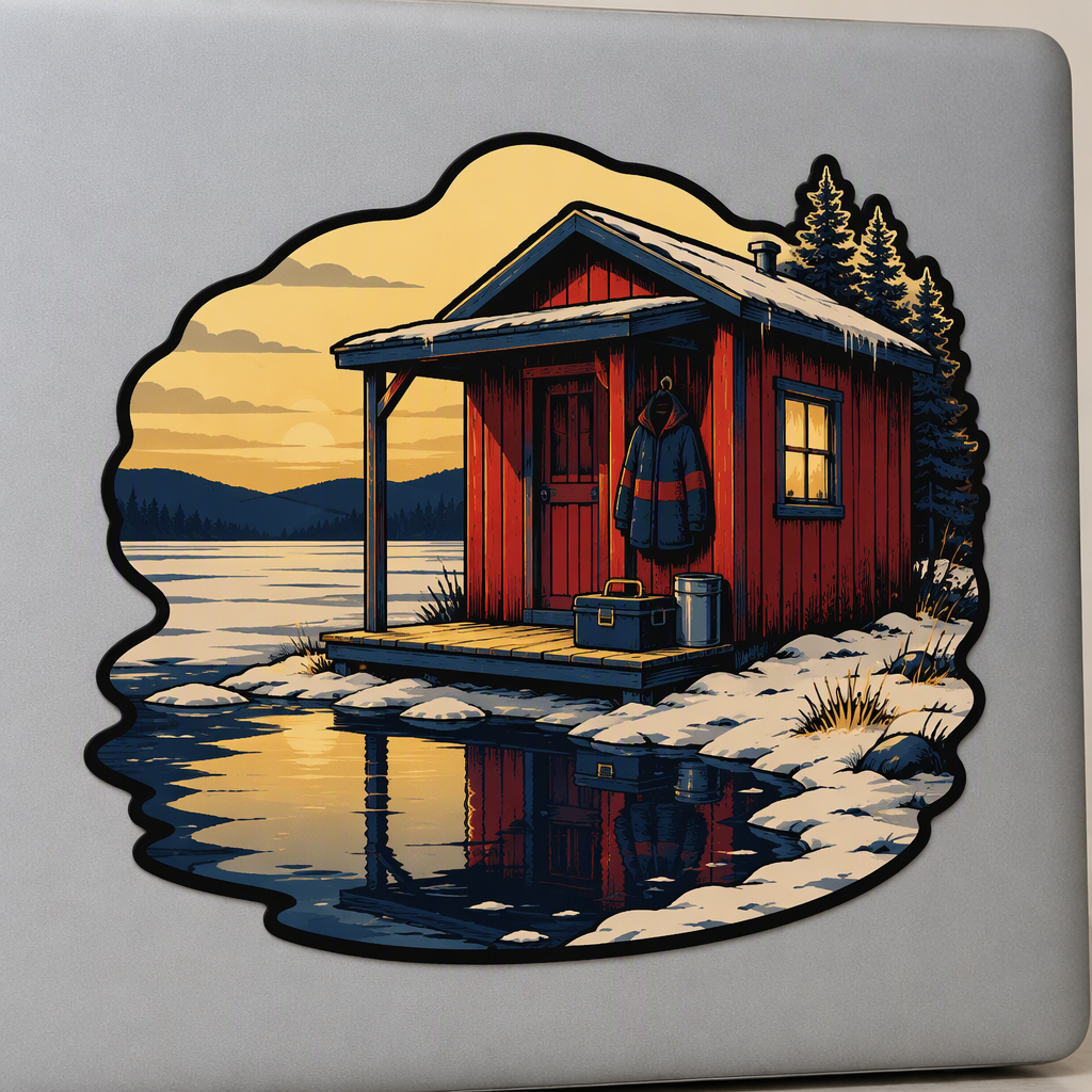 A northern New York lakeside bait shack, a heavy folded wool coat hanging from its porch hook, and a quiet water reflection come together in a connected die-cut silhouette.