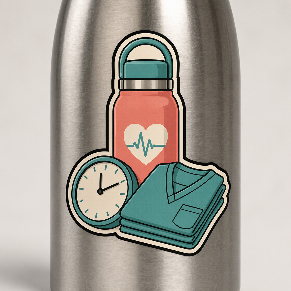 A playful retro healthcare illustration brings together a nurse’s thermos, clock, and neatly folded scrubs in a compact, connected design.