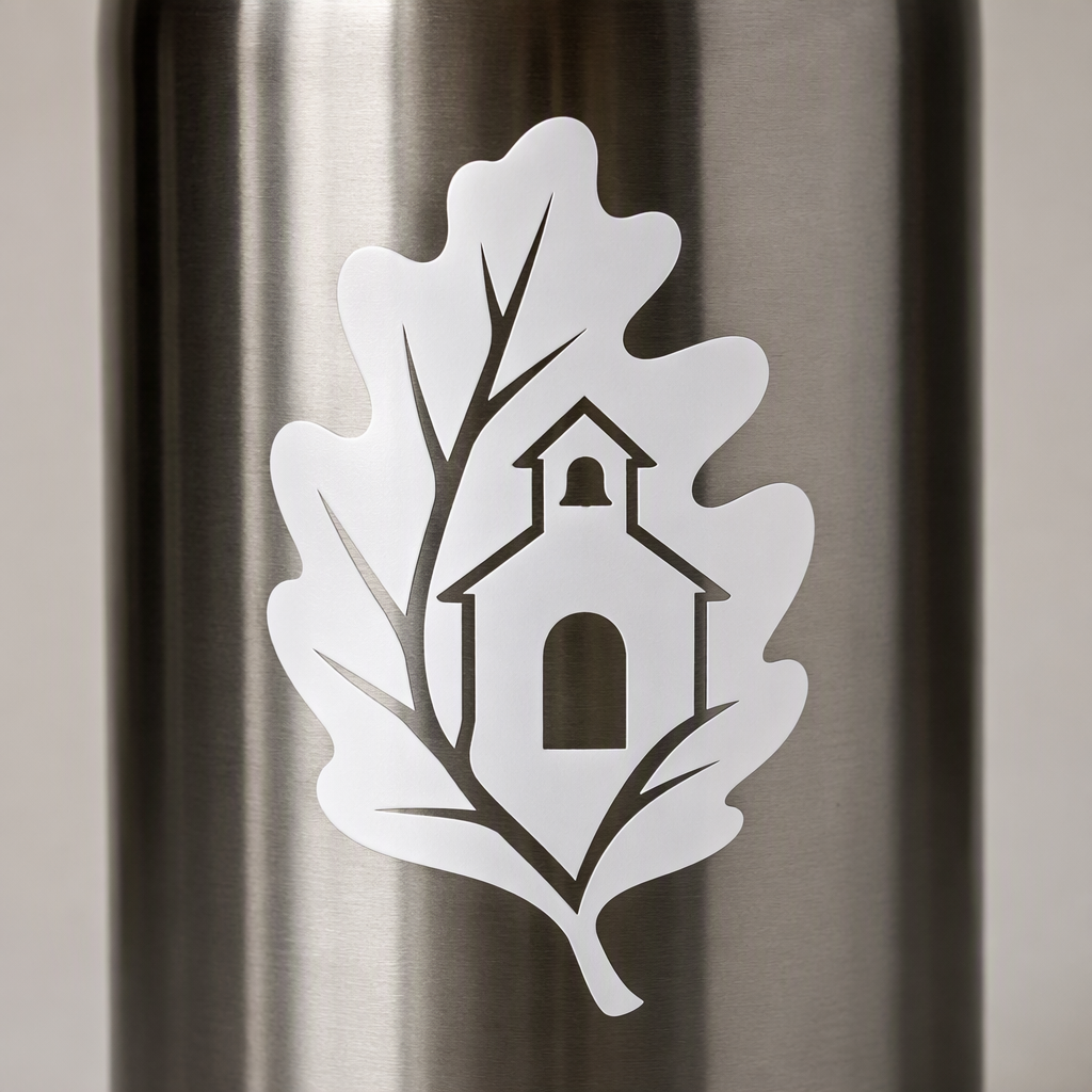 A broad white oak leaf cradles a simple schoolhouse silhouette, creating a nostalgic expression of autumn education pride without printed words.