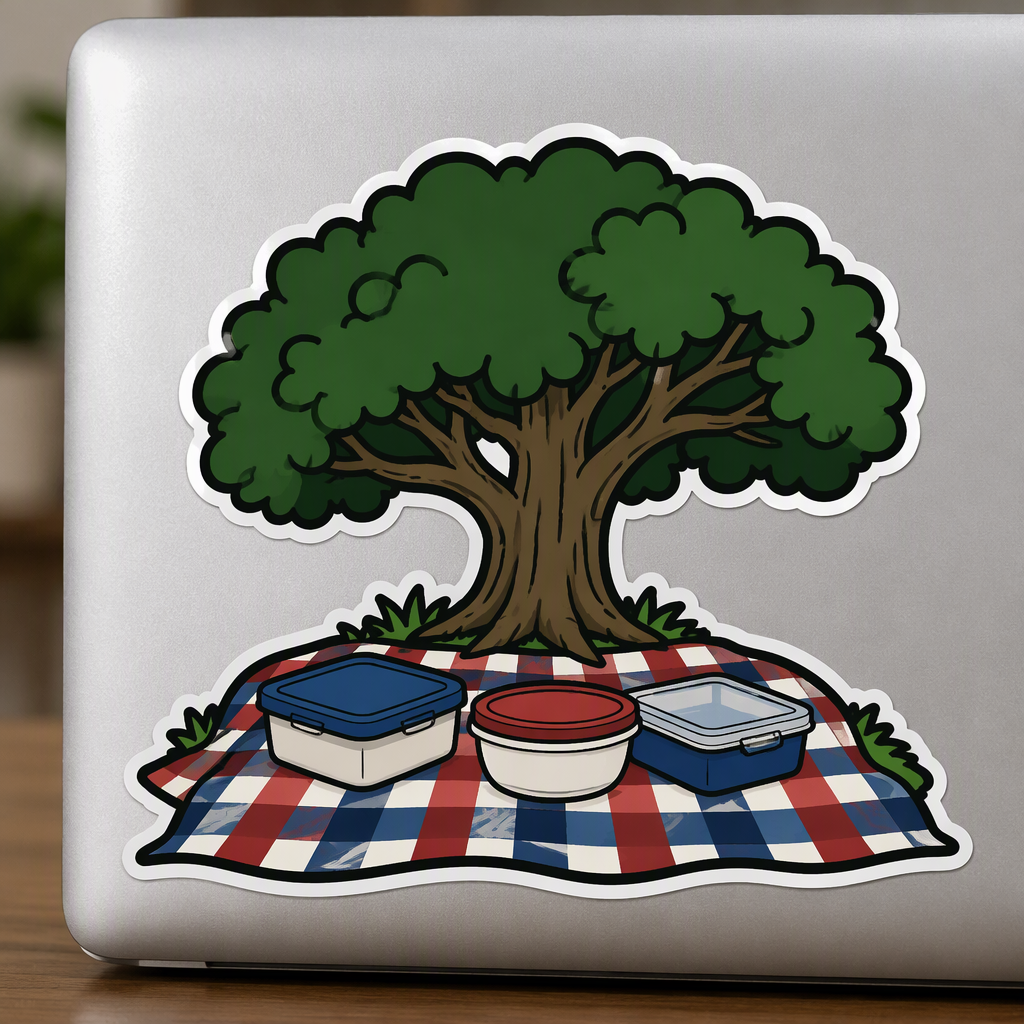 A broad neighborhood oak shades a red, white, and blue woven picnic blanket with three plain lunch containers, creating a friendly scene of shared outdoor time and community connection.