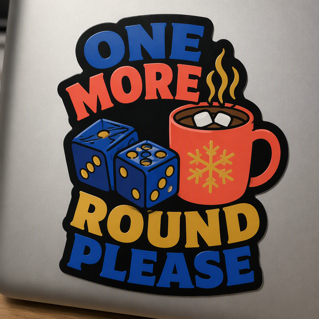 “ONE MORE ROUND PLEASE” wraps around two plain dice and a cocoa mug in a playful drinks-and-games design.