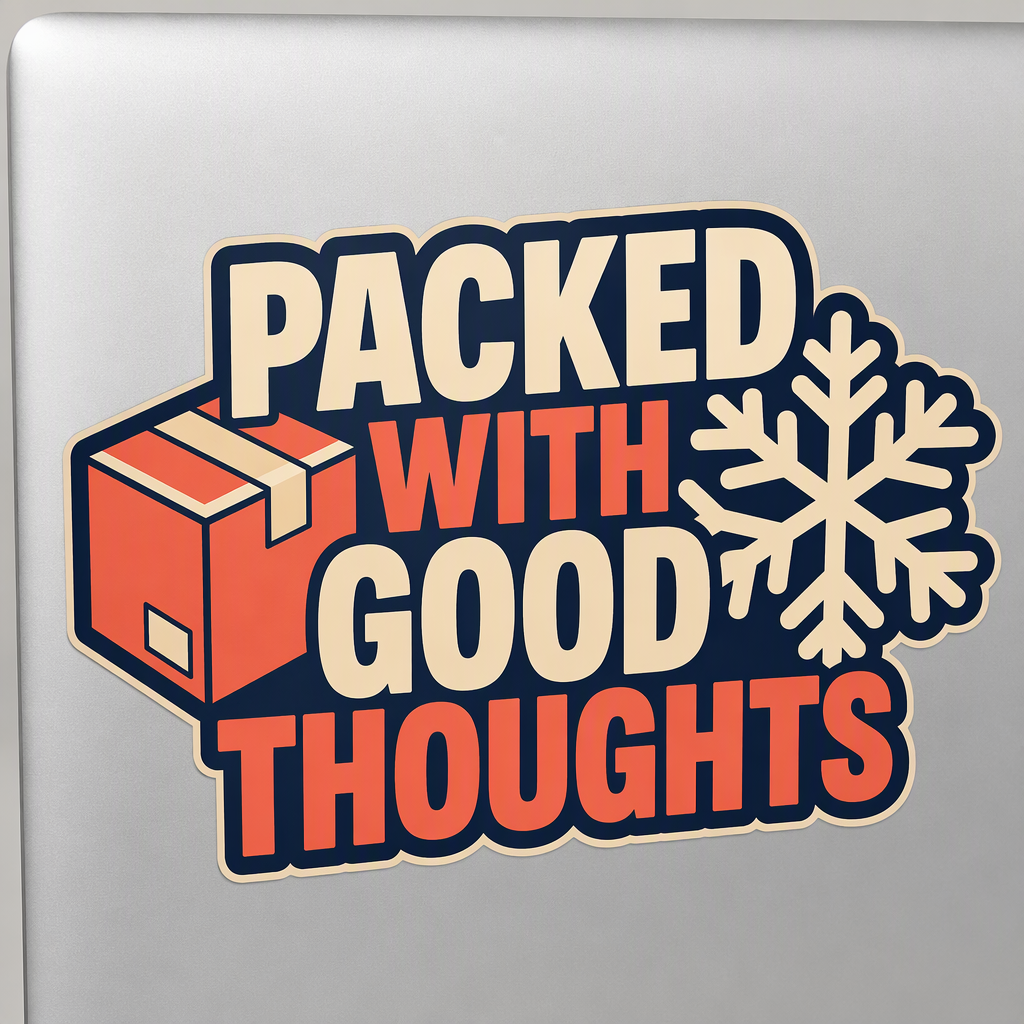 “PACKED WITH GOOD THOUGHTS” stands out in this cheerful die-cut sticker design, paired with a plain parcel and a large snowflake in crisp navy, coral, and ivory.