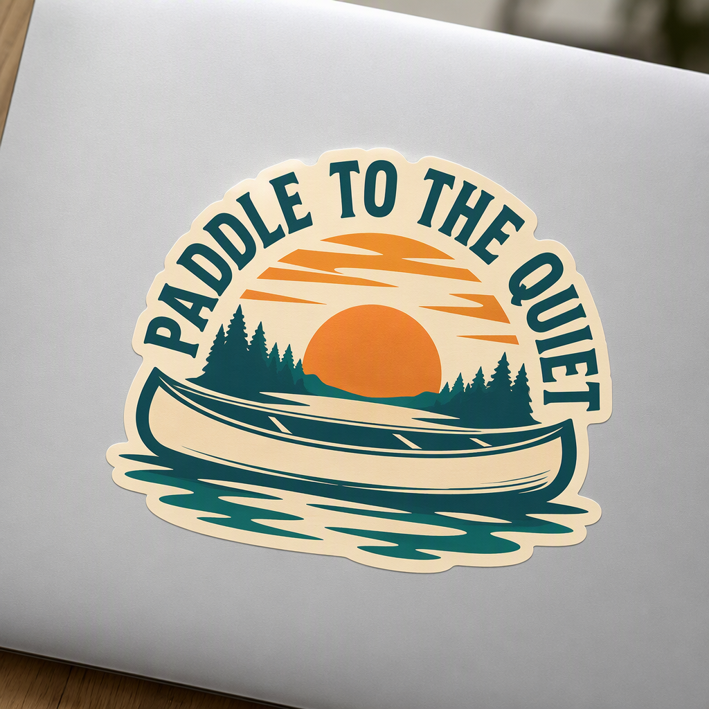 “PADDLE TO THE QUIET” curves around a broad canoe and soft water ripples in teal, sunset orange, and ivory.