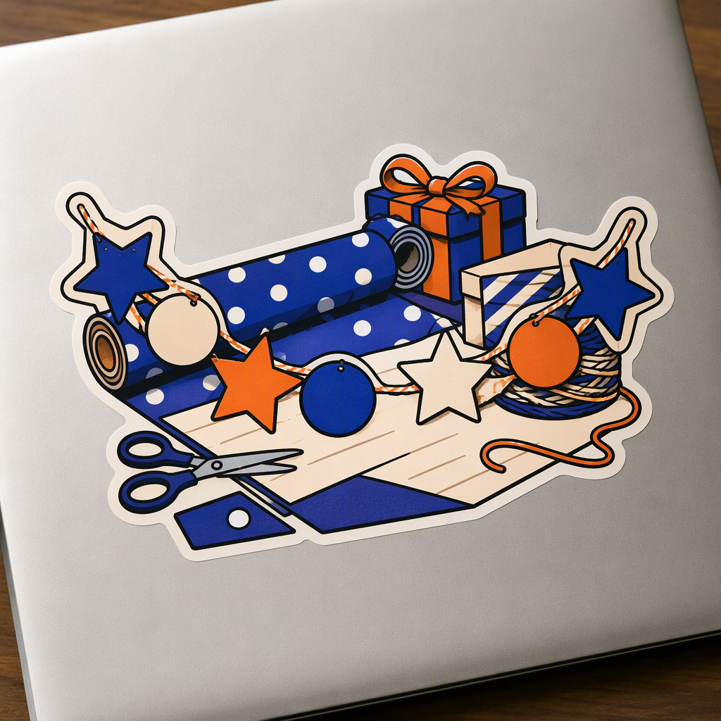 A handmade paper garland of large stars and circles hangs above a gift-wrapping worktable in a compact cobalt, orange, and ivory flat-vector scene.