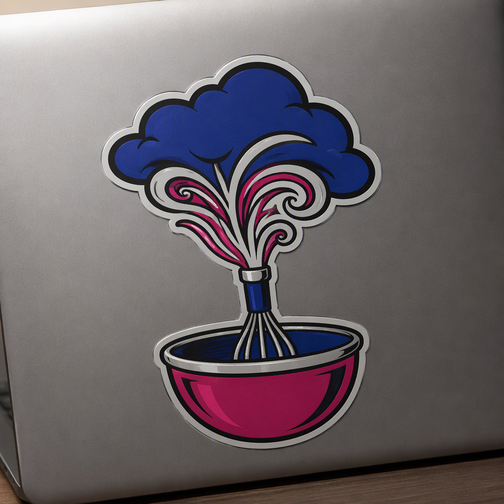 A commercial kitchen whisk curls into a small storm cloud above a single mixing bowl in this playful baking-themed artwork.