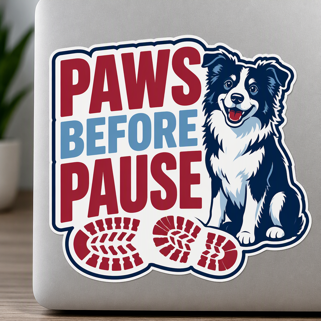 PAWS BEFORE PAUSE stands out in bold lettering beside a cheerful dog and sturdy boot prints, creating a lighthearted reminder that canine companionship comes first.