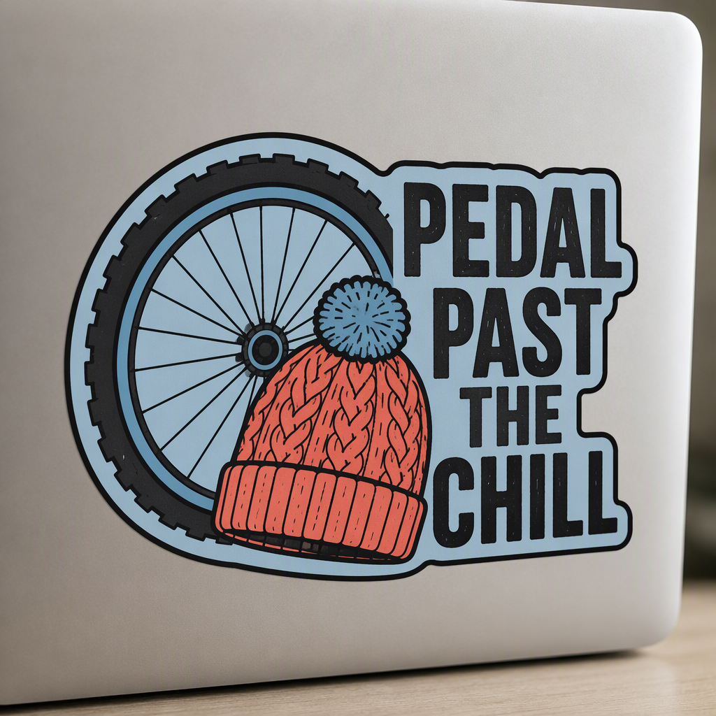 PEDAL PAST THE CHILL stands out in crisp, legible lettering beside a broad wheel and knitted cap, creating a playful winter-cycling design in charcoal, sky blue, and coral.