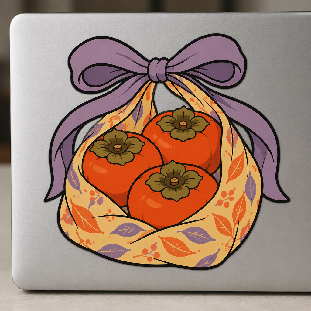 Three broad persimmons nestled in an open reusable produce bag, topped by handles tied into one generous bow, create a warm year-end market haul scene in orange, violet, and pale yellow.