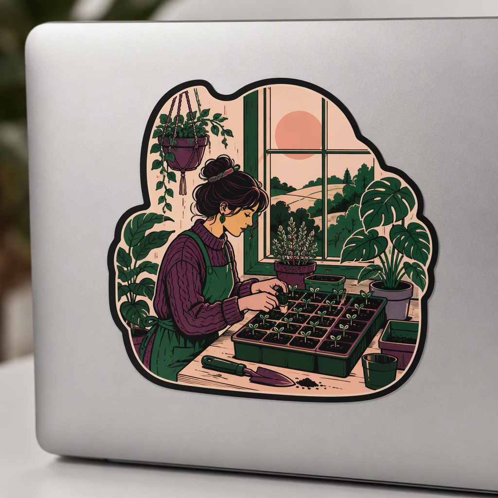 A restrained vintage travel-style illustration depicts a plant lover arranging seed trays beside a south-facing window, creating a calm indoor gardening scene with a compact, connected silhouette.