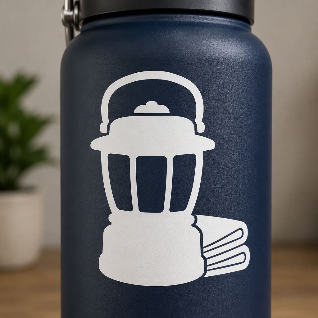 A white cut-vinyl silhouette of a squat portable lantern with a broad handle and a folded emergency blanket tucked behind its base brings a practical camping mood to everyday gear.