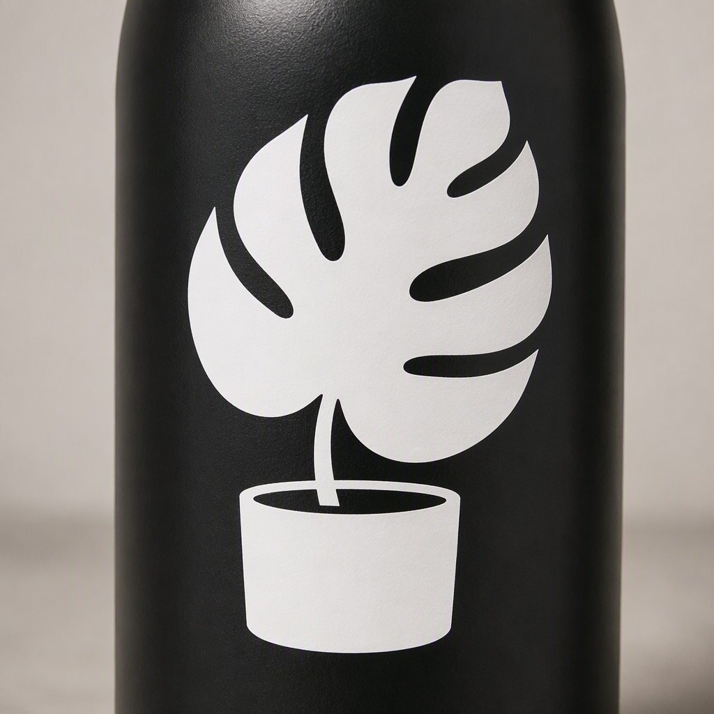 A thick white leaf rising from a plain pot creates a calm botanical accent with a clean, sculptural silhouette and open negative-space cuts.