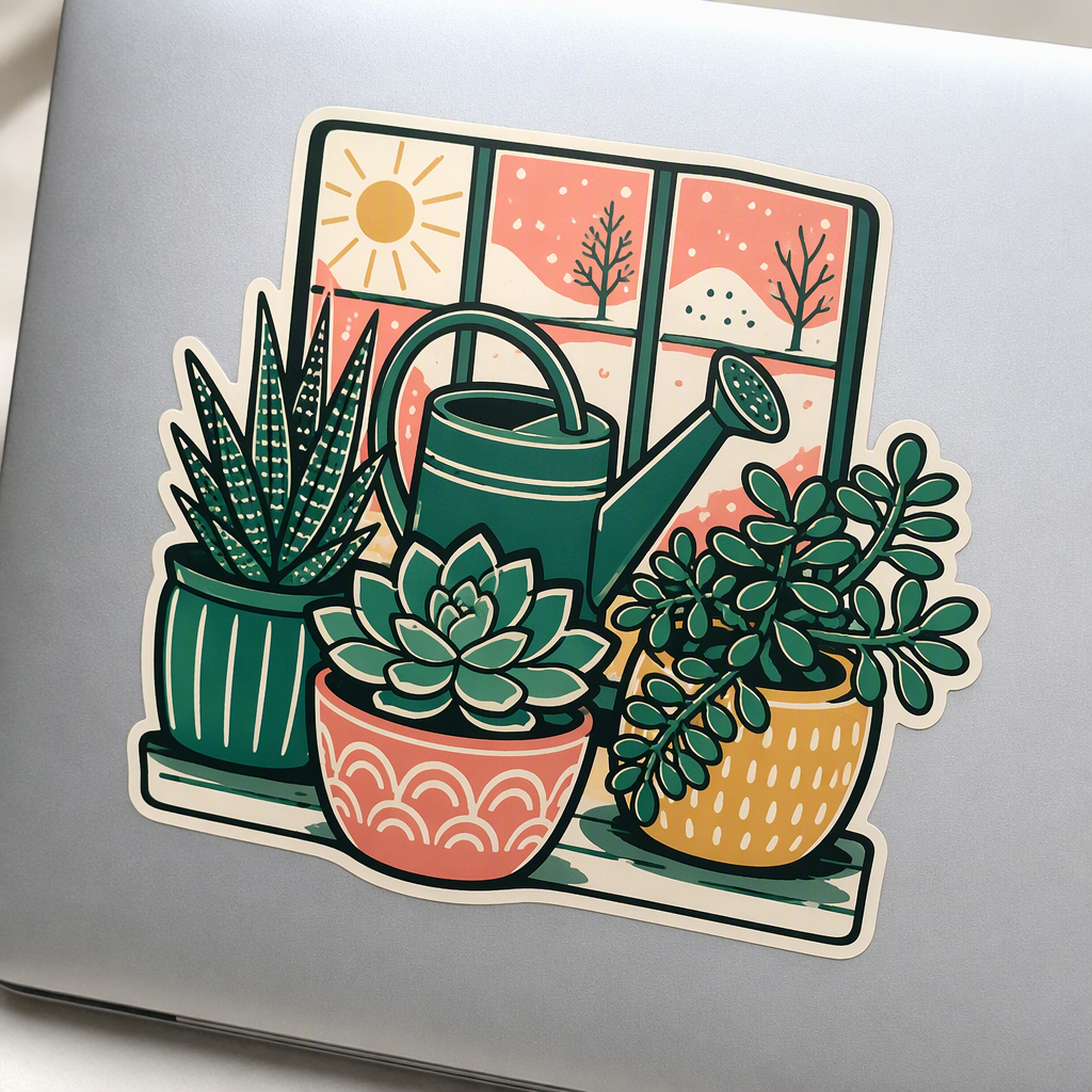 Three large potted succulents rest on a sunny winter sill beside a broad watering can in this warm, inviting botanical die-cut design.