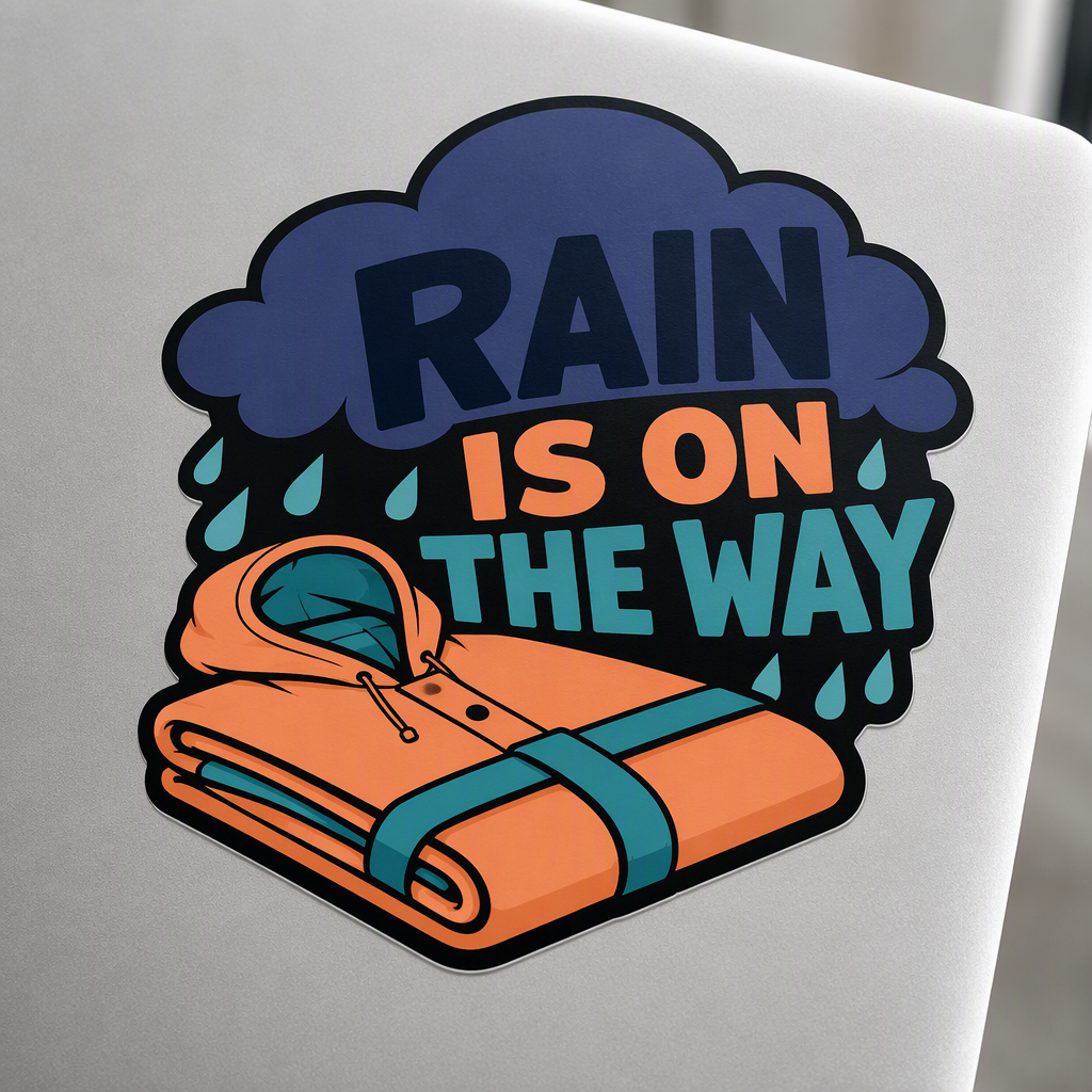 “RAIN IS ON THE WAY” stands boldly above a folded rain poncho and large cloud in this playful weather-themed die-cut sticker.