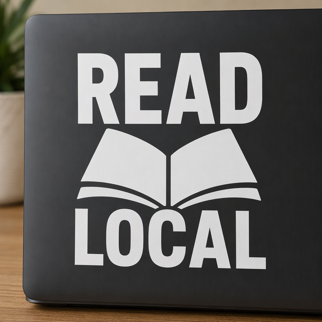 “READ LOCAL” appears in bold white lettering above an open book whose pages rise into two broad roof-like slopes, creating an encouraging emblem for neighborhood library enthusiasm.