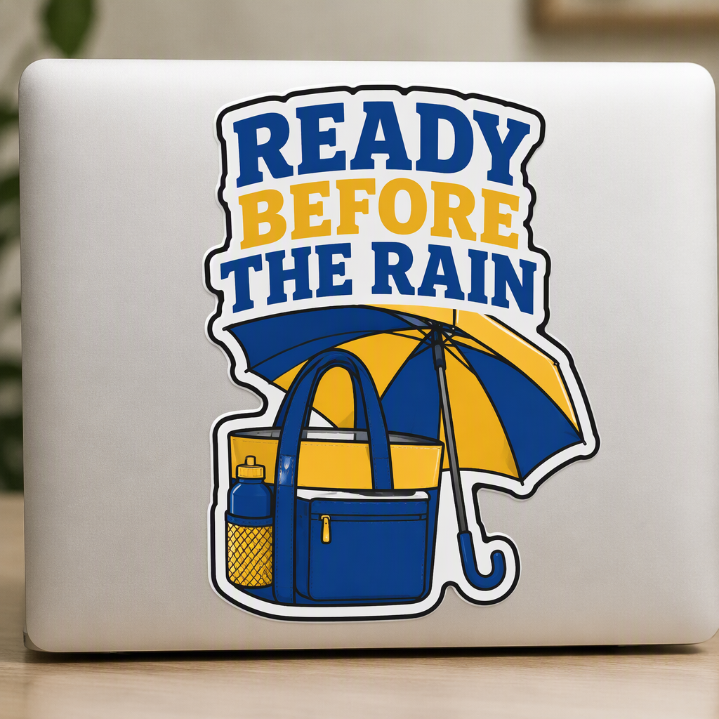 “READY BEFORE THE RAIN” stands above a storm-ready tote and broad umbrella, creating a playful weather-preparedness design with crisp cobalt, saffron, and white artwork.