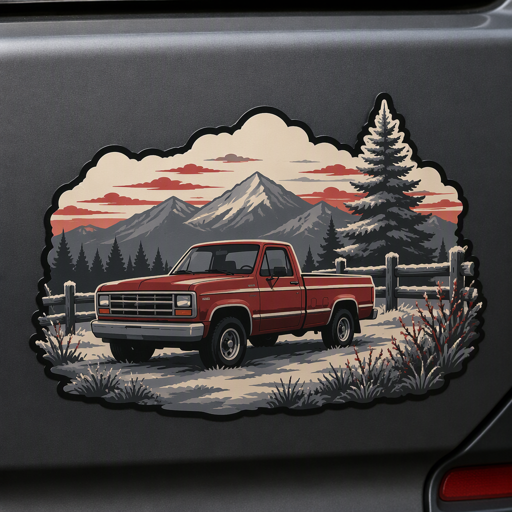A red pickup rests beside a frosted fence beneath a pale morning sky, rendered in nostalgic crimson, slate, and cream with soft cut-paper-inspired shapes.
