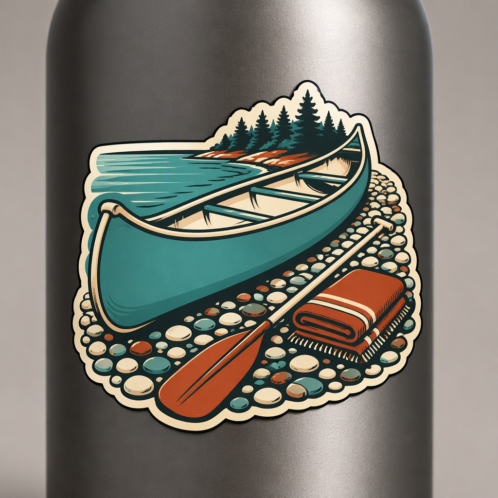 A plain canoe rests on a pebble shore alongside a paddle and folded blanket in a crisp retro editorial illustration of turquoise, rust, and cream.