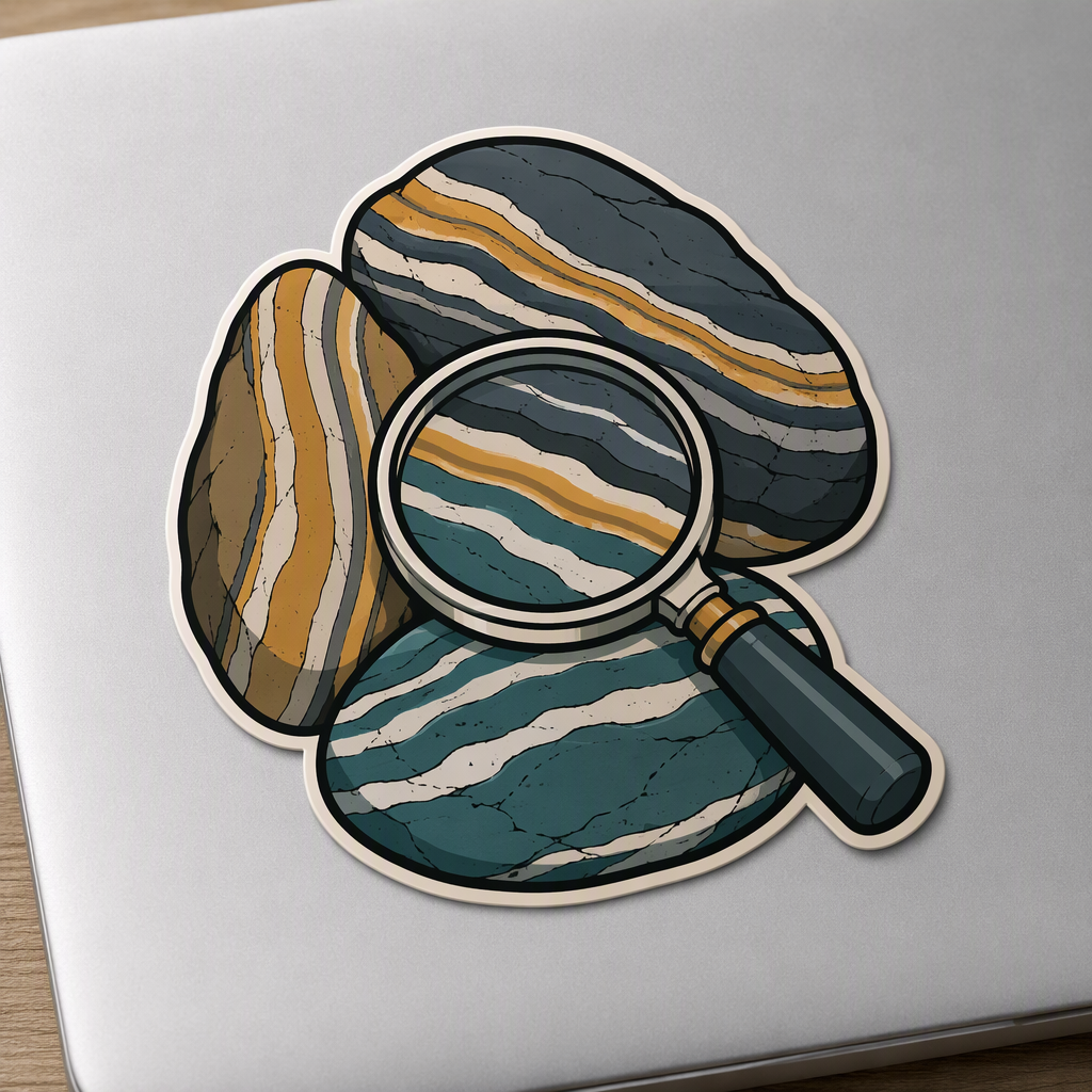 Three polished river stones with bold slate, ocher, and teal strata rest beside a magnifying glass in this playful die-cut design.