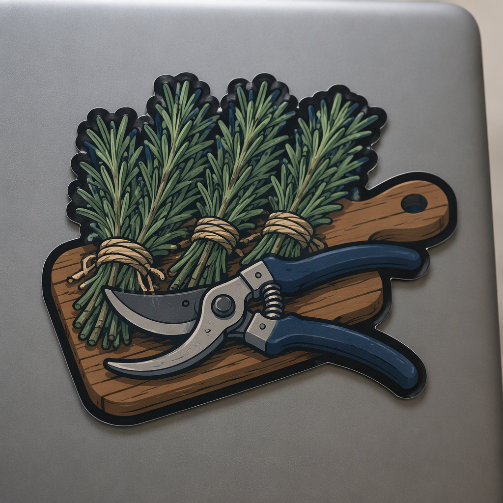 Garden secateurs rest across three neatly tied bundles of rosemary on a simple wooden drying paddle in this practical herbal craft design.