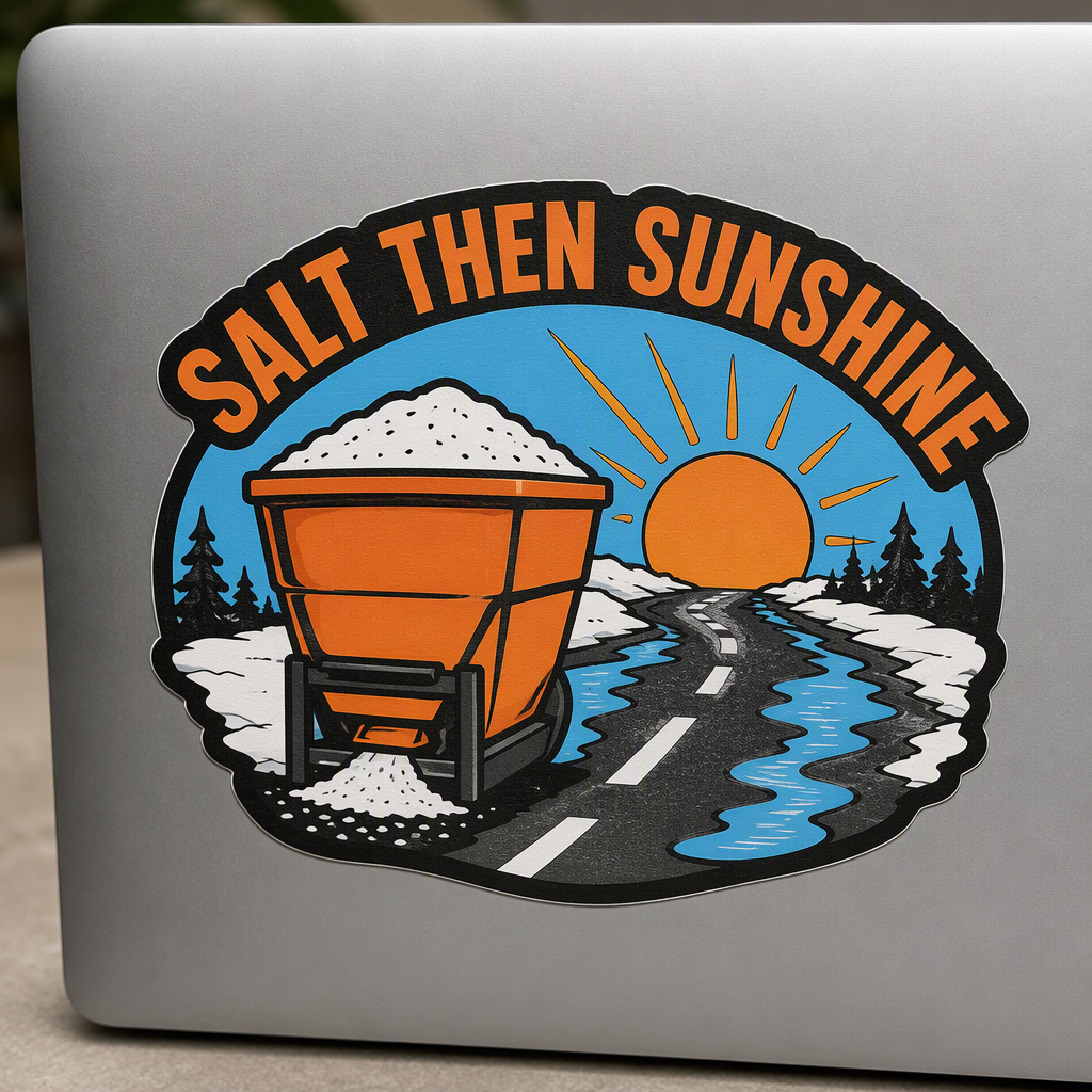 “SALT THEN SUNSHINE” curves around a playful scene of a grit bucket, thawing road, and bright sun, using sky blue, orange, and charcoal for a crisp seasonal-transition look.