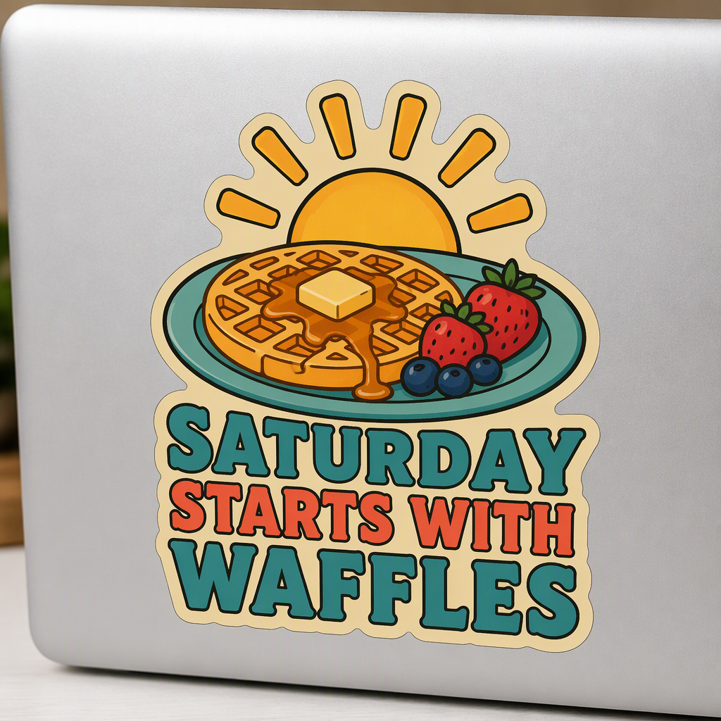 “SATURDAY STARTS WITH WAFFLES” appears beneath a cheerful breakfast scene featuring a waffle topped with butter, strawberries, and blueberries on a plate, with a rising sun overhead.