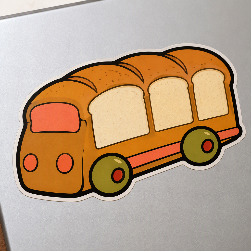 A generic school-bus-shaped loaf of bread rolls into view with two large olive wheels and three broad cream window slices, creating a whimsical food mashup with no printed words.