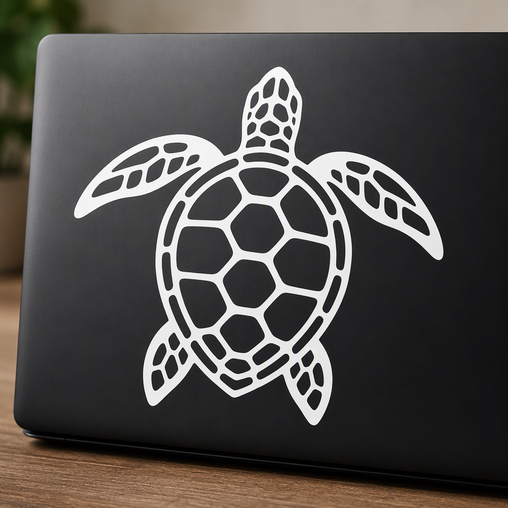 An expressive white sea turtle silhouette brings a clear ocean-inspired accent to a laptop, with large flippers and broad openings across the shell creating a bold, open design.