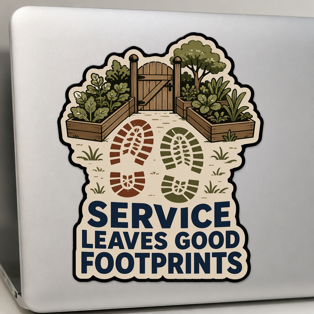 SERVICE LEAVES GOOD FOOTPRINTS appears alongside boot prints leading toward a community garden, creating a respectful veteran appreciation design centered on service, positive impact, and community care.