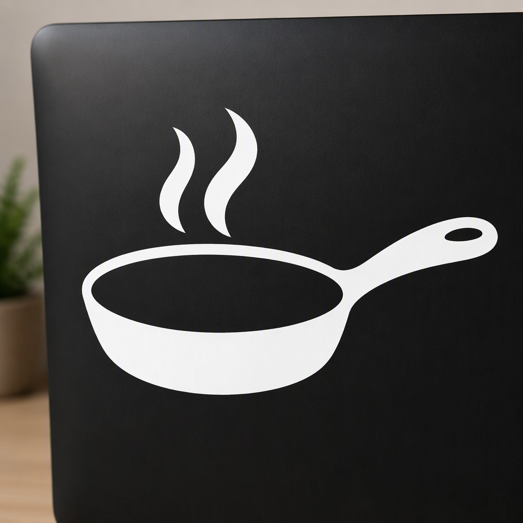 A broad white skillet silhouette topped by two curling steam wisps creates an expressive cooking accent with no printed words.