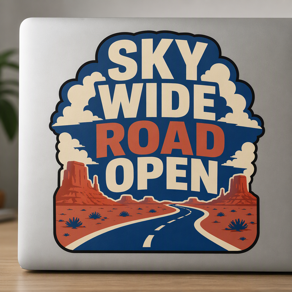 SKY WIDE ROAD OPEN stands out in large, legible lettering beside a desert road beneath a dramatic bank of clouds, using crisp terracotta, cobalt, and cream flat-vector color.