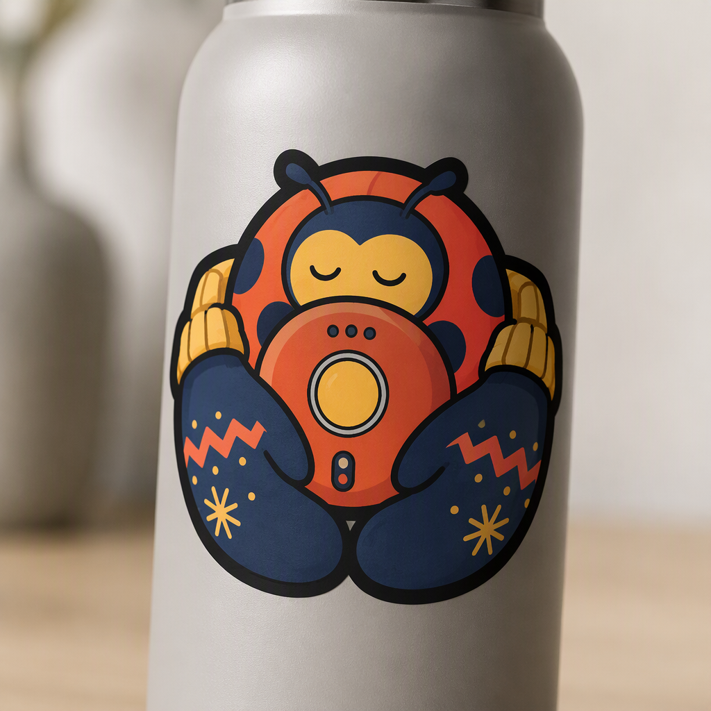 A sleepy orange beetle imagined as a round electric hand warmer rests snugly between two thick mittens in playful coral, navy, and butter-yellow artwork.