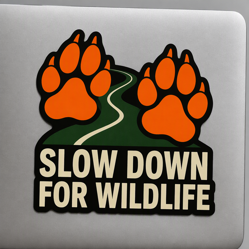 Broad paw prints and a simple bending road frame the clear message “SLOW DOWN FOR WILDLIFE,” creating a bold reminder to stay alert where animals may cross.
