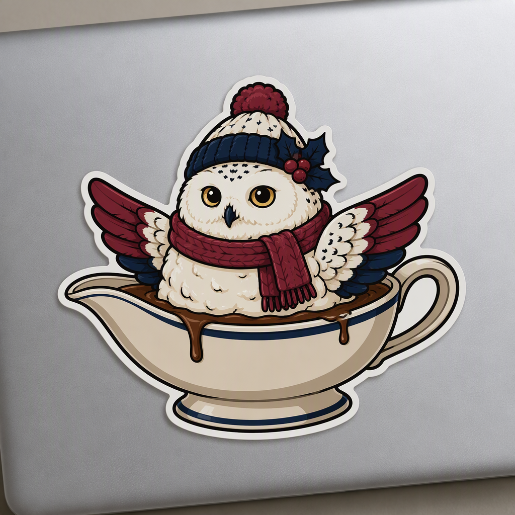 A snowy owl-shaped scoop of mashed potatoes rests in a simple canoe-shaped gravy dish, with broad cranberry wings creating a delightfully unexpected bird-and-food illustration.