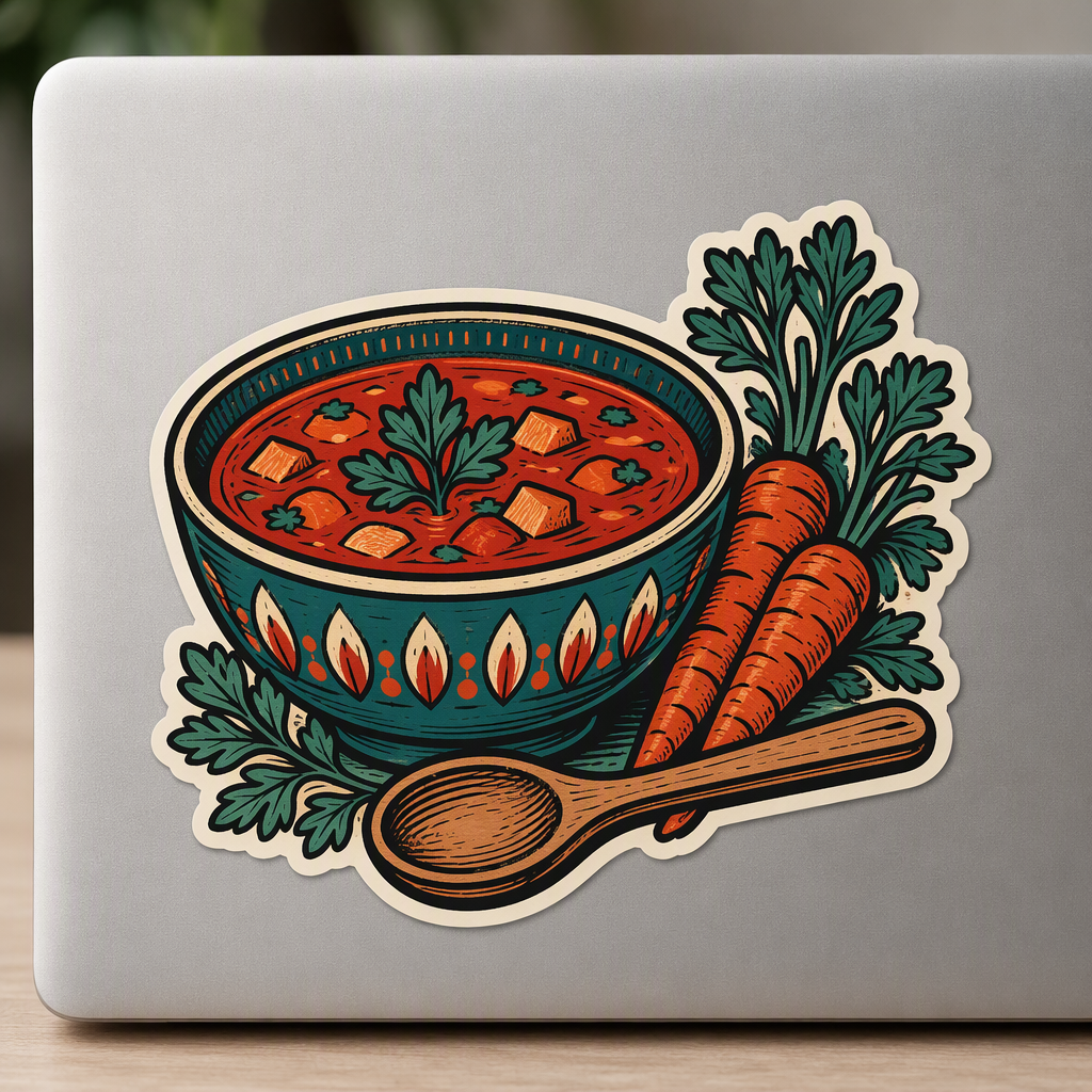 A deep soup bowl filled with broad carrot and herb shapes sits beside a wooden spoon in this warm, inviting food-art design.