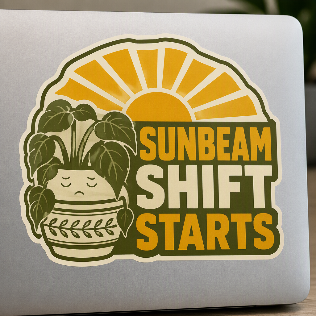 “SUNBEAM SHIFT STARTS” stands out beside a sleepy houseplant and wide sun rays in this cheerful die-cut botanical sticker.