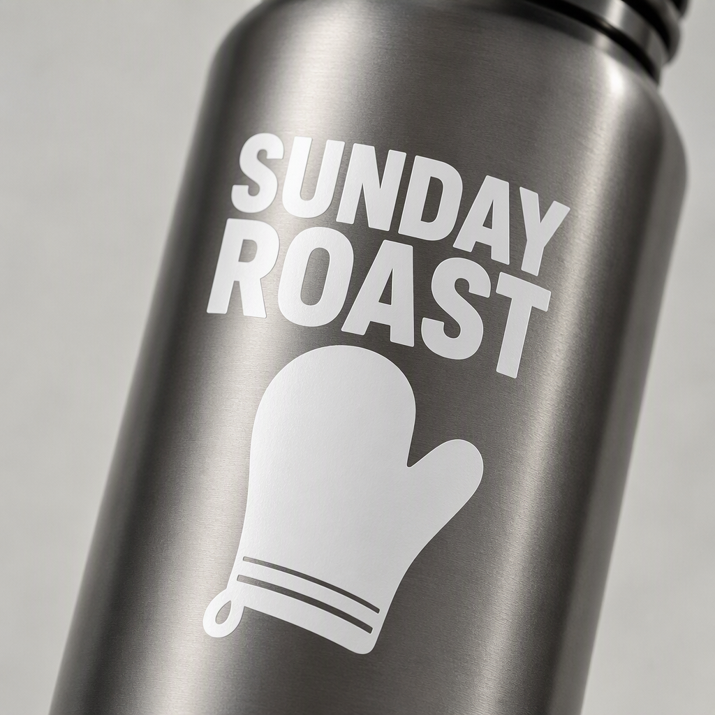 SUNDAY ROAST appears in crisp white cut lettering alongside a broad oven mitt, creating a casual cooking-themed accent for home cooks who enjoy the comforting ritual of a roast dinner.