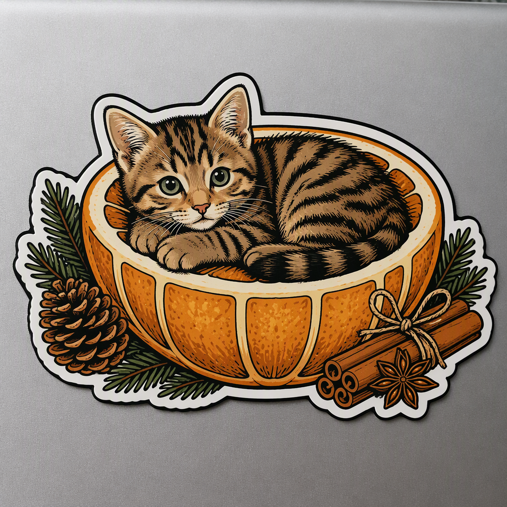 A curled tabby kitten rests inside a shallow basket shaped like an oversized dried orange slice in this whimsical winter citrus design.