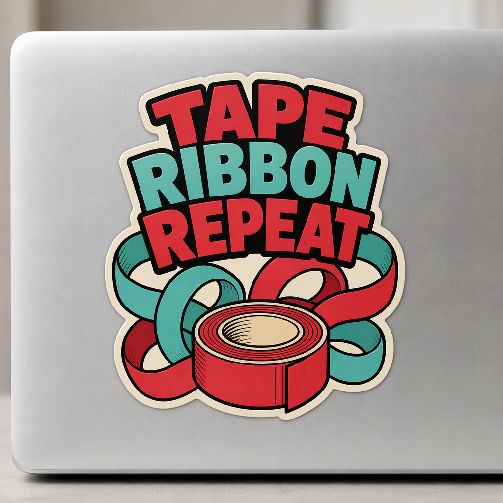 “TAPE RIBBON REPEAT” stands above a colorful roll of tape and oversized ribbon loops in ruby, aqua, and cream.