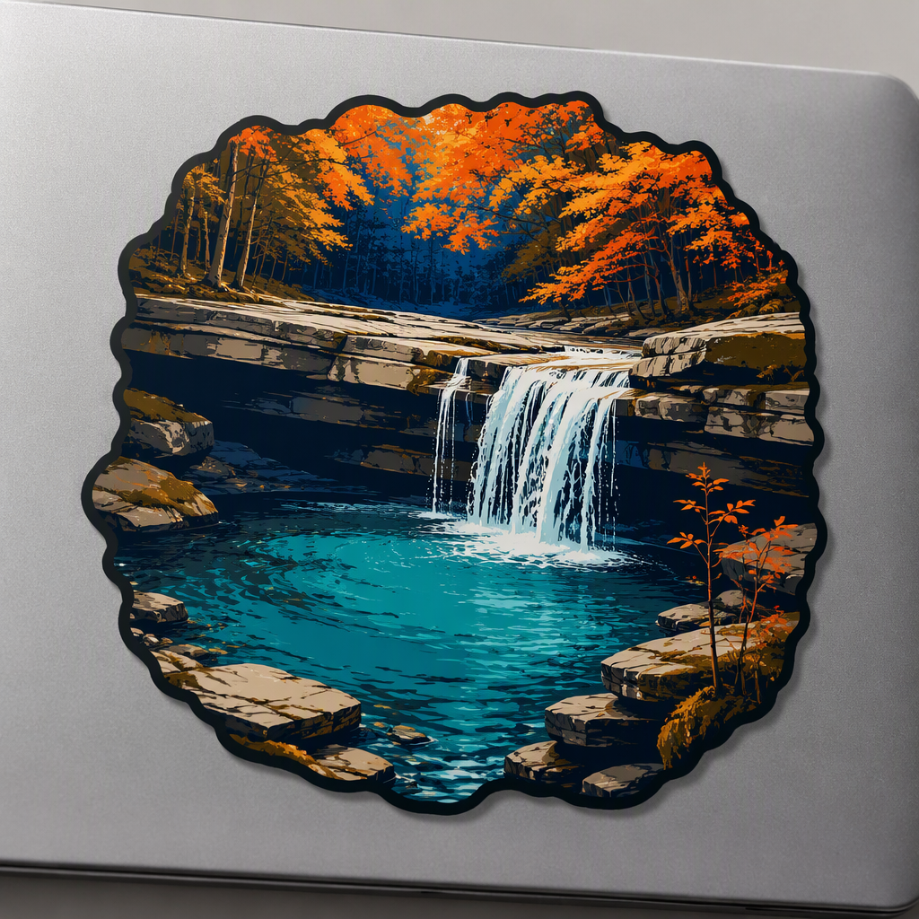 A Tennessee limestone spring pours from a broad rock ledge into a vivid turquoise pool, framed by warm orange autumn trees in an indigo, copper, and aqua scenic composition.