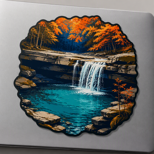 A Tennessee limestone spring pours from a broad rock ledge into a vivid turquoise pool, framed by warm orange autumn trees in an indigo, copper, and aqua scenic composition.