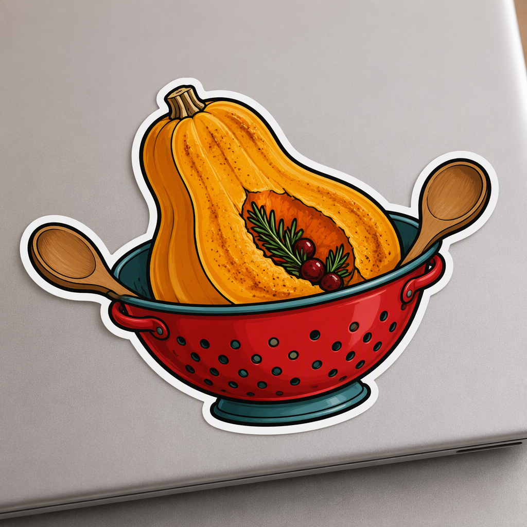 A cheerful cranberry-red colander cradling a golden roast squash creates a warm, playful Thanksgiving cooking scene, with two attached serving spoons completing the food-inspired illustration.