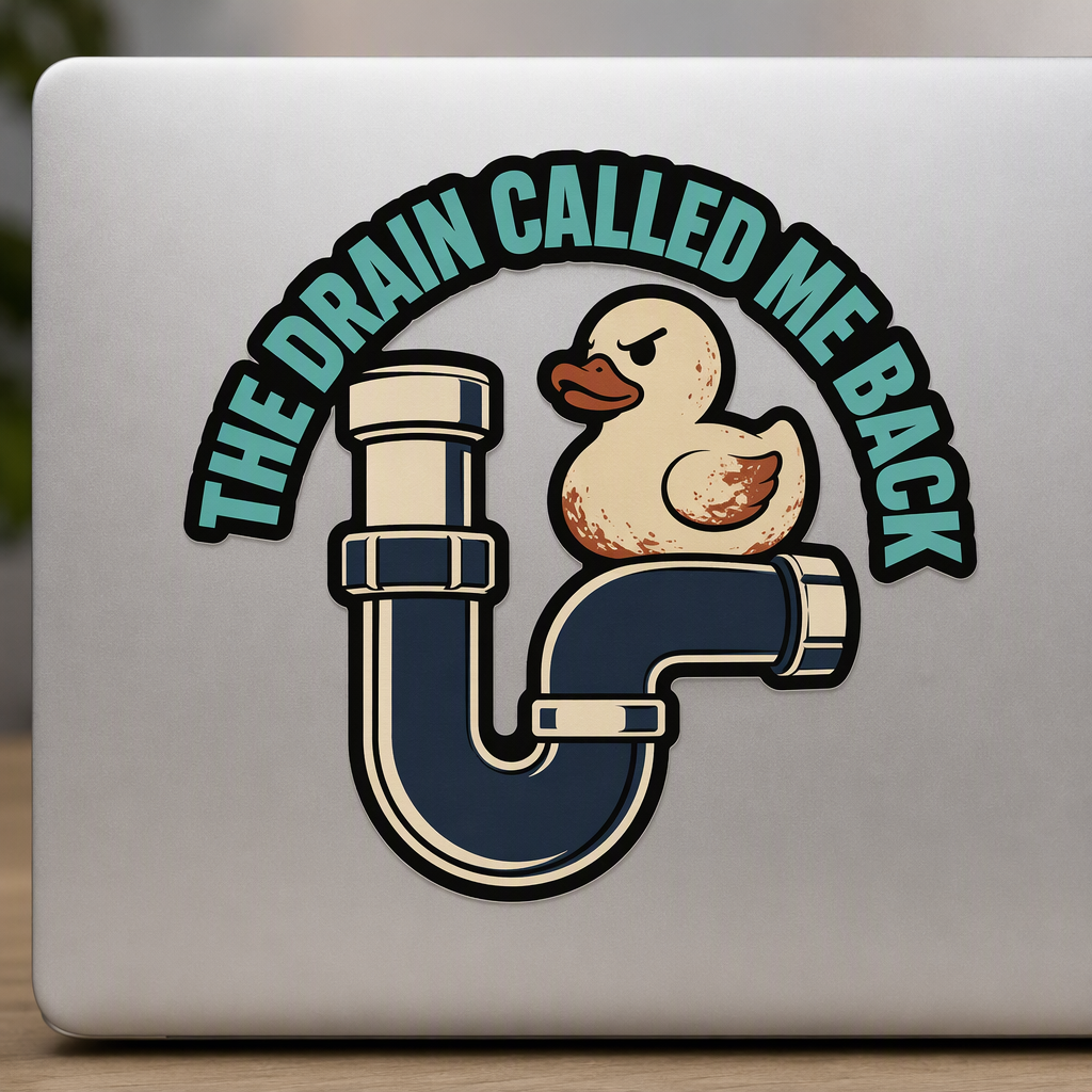 “THE DRAIN CALLED ME BACK” arches in bold turquoise letters above a generic sink trap topped by one stubborn rubber duck, creating a lighthearted piece of plumbing humor.