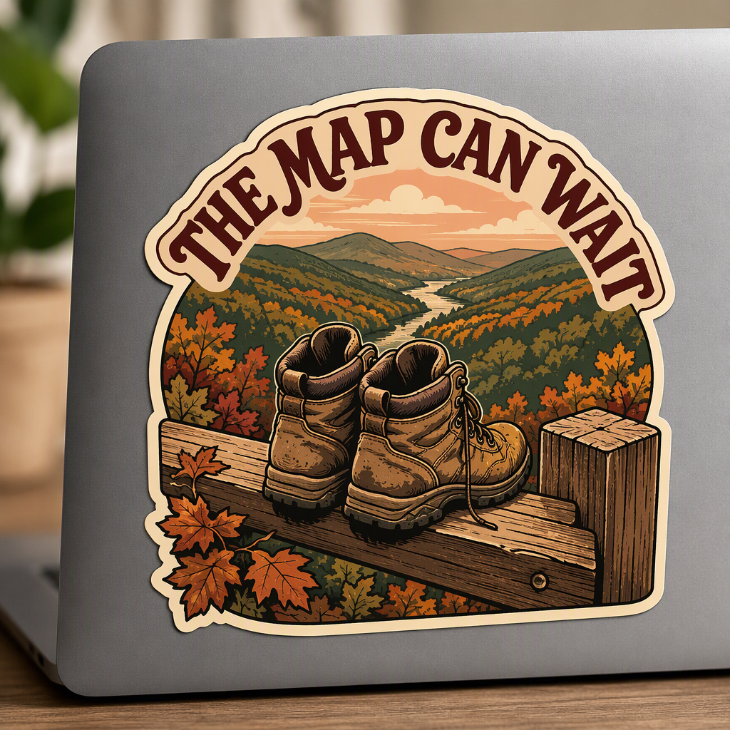 “THE MAP CAN WAIT” curls in relaxed maroon lettering around a pair of boots resting on an overlook rail, with autumn scenery and the Ozark hills stretching beyond.