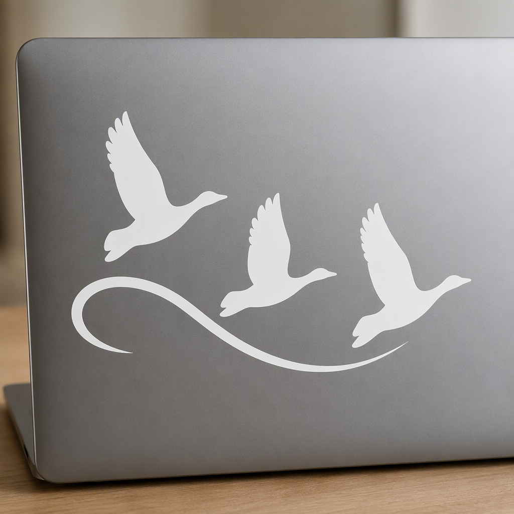 Three broad white bird silhouettes soar together along a single sweeping wind line, creating an expressive, text-free nature accent with a feeling of freedom and motion.