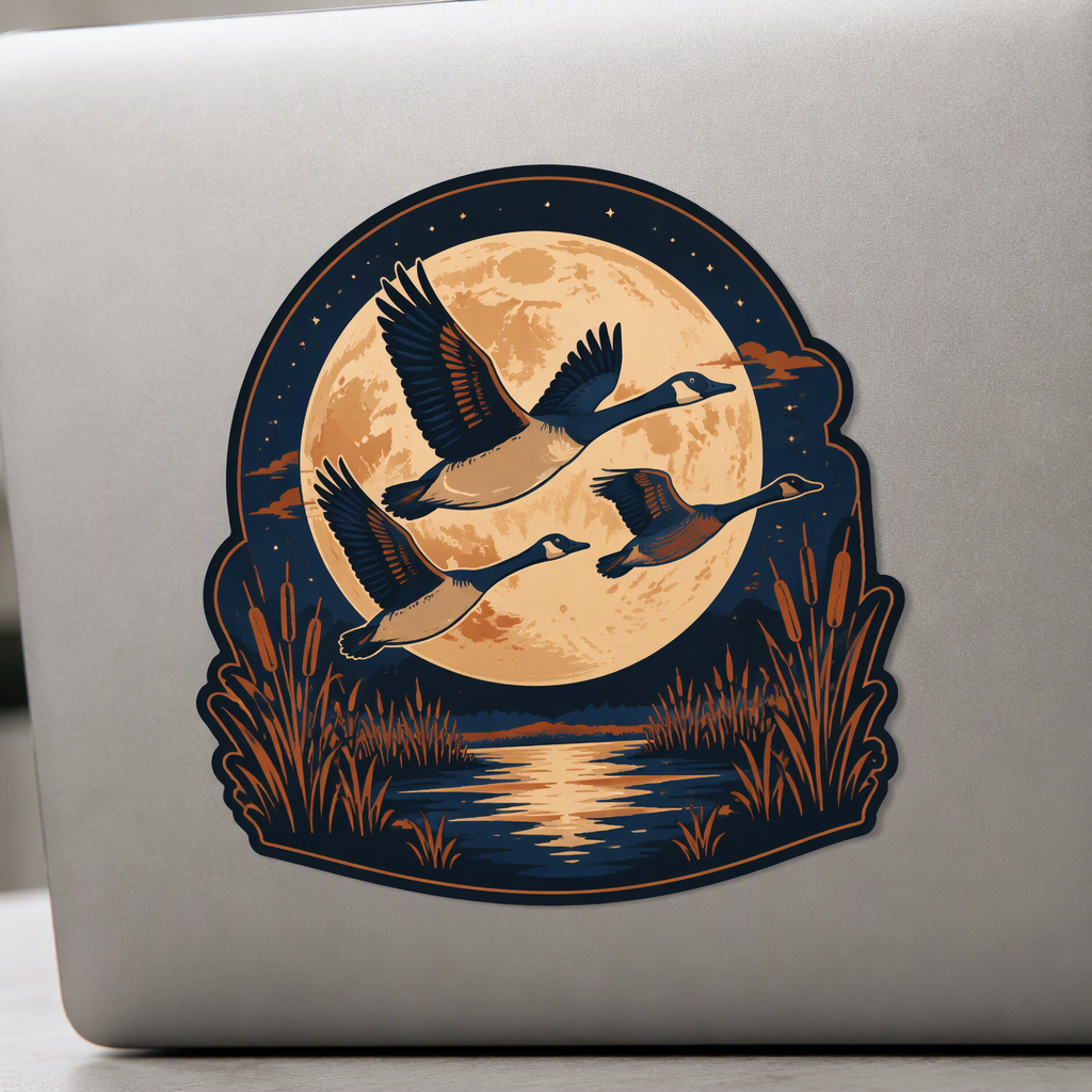 Three large geese cross a broad moon above a quiet marsh in a friendly flat-vector illustration colored with indigo, copper, and cream.