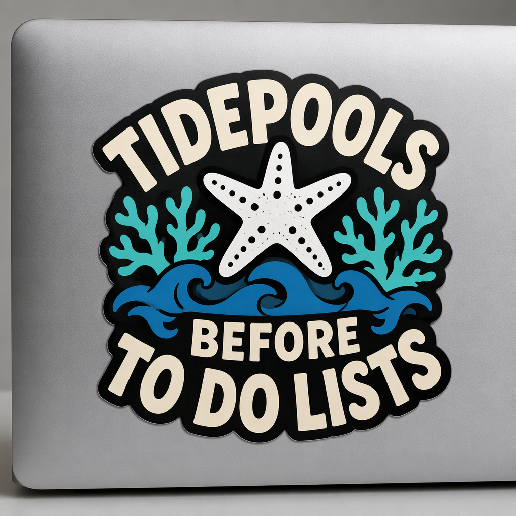 “TIDEPOOLS BEFORE TO DO LISTS” curves around a cheerful sea star, blue wave, turquoise coral, and white accents in a crisp ocean-inspired design.