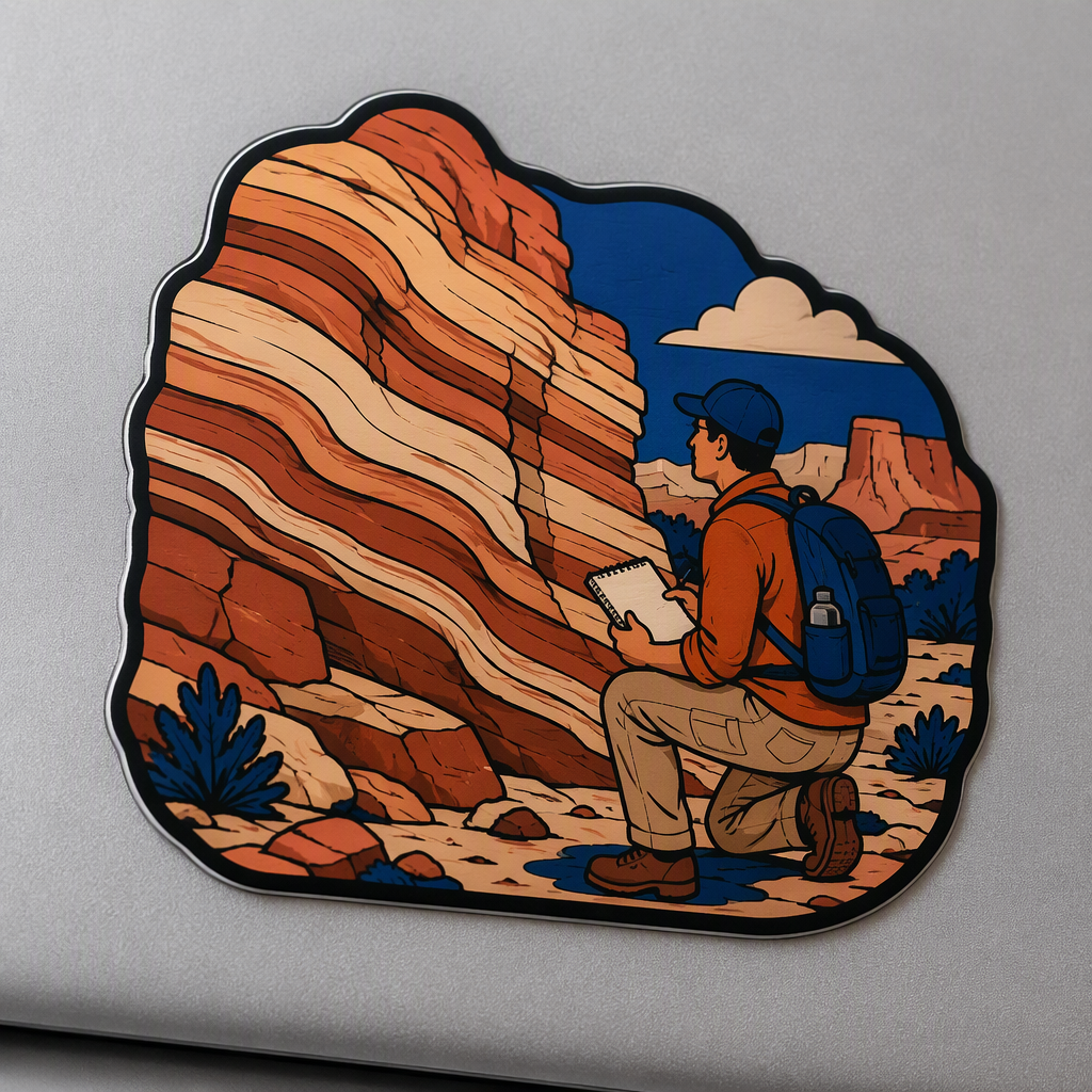 A Utah roadside geologist studies a striped sandstone outcrop with a plain notebook in this compact science-and-nature design.